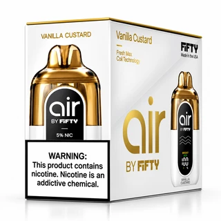 Air by Fifty Vanilla Custard five-pack disposable vape carton featuring gold and white devices, FreshMax coil technology, Boost/Eco display, and 5% nicotine