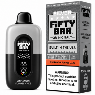Cinnamon Funnel Cake Fifty Bar Silver Series shown with its retail box, 20,000 puffs, 2% (20mg) nicotine