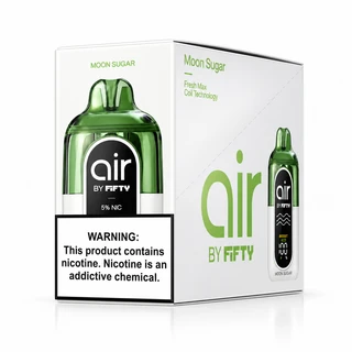 Air by Fifty Moon Sugar five-pack disposable vape package featuring green and white devices, FreshMax coil technology, digital Boost/Eco display, and 5% nicotine