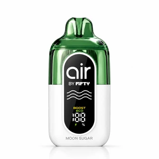 Moon Sugar Air by Fifty disposable vape with translucent green top, white base, front battery indicator, and selectable Boost and Eco modes