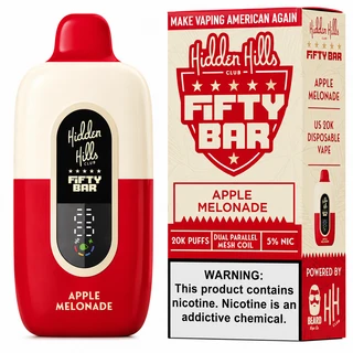 Hidden Hills Club x Fifty Bar Apple Melonade 20K disposable vape paired with retail packaging, featuring a red and cream finish, digital battery display, dual parallel mesh coil, and 5% nicotine