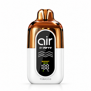Tobacco Air by Fifty disposable vape in a bronze and white finish with front battery display, Boost and Eco settings, and streamlined pod-style design