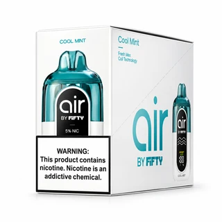 Air by Fifty Cool Mint 5-pack disposable vape package featuring turquoise and white devices, FreshMax coil technology, and 5% nicotine