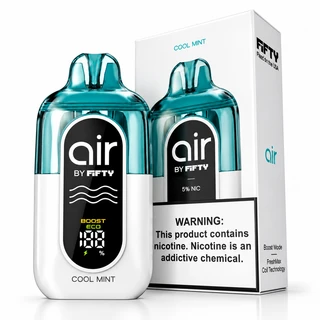 Cool Mint Air by Fifty disposable vape displayed beside its retail box, with aqua top housing, white body, Boost and Eco modes, and digital battery screen