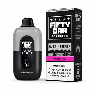 Raspberry Jam Fifty Bar Black Series shown with its retail box, 20,000 puffs, 5% nicotine