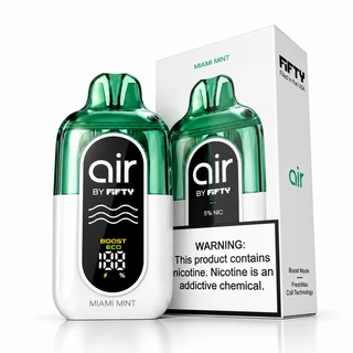 Air by Fifty Miami Mint disposable vape device with retail box, green and white design with digital display and 5% nicotine
