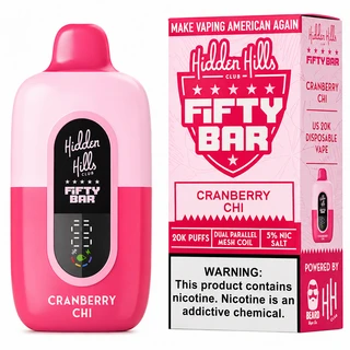 Hidden Hills Club x Fifty Bar Cranberry Chi 20K disposable vape device and retail box