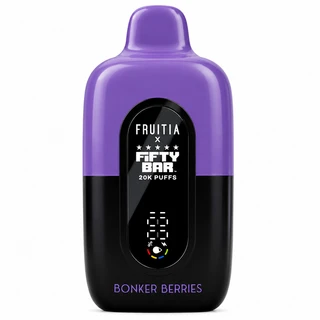 Fruitia x Fifty Bar Bonker Berries 20K disposable vape in purple and black with digital display