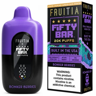 Fruitia x Fifty Bar Bonker Berries 20K disposable vape with matching retail box, dual parallel mesh coil, active boost and 5% nicotine labeling
