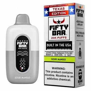 Sour Mango Fifty Bar Texas Edition shown with its retail box, 20,000 puffs, 5% nicotine