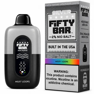 Milky Loops Fifty Bar Silver Series shown with its retail box, 20,000 puffs, 2% (20mg) nicotine