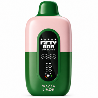 Hidden Hills Club x Fifty Bar Wazza Limon 20K disposable vape in pink and green with digital display