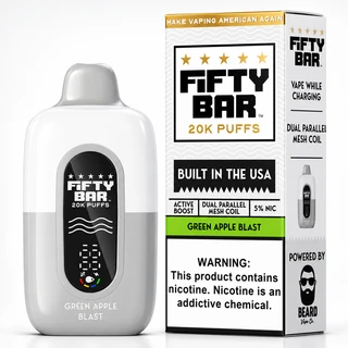 Fifty Bar Frozen Apple 20K disposable vape, formerly Green Apple Blast, with matching retail box, dual parallel mesh coil and 5% nicotine labeling