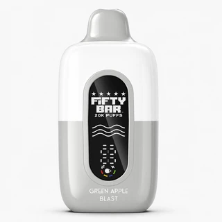 Fifty Bar Frozen Apple 20K disposable vape, formerly Green Apple Blast, in white and silver with digital display