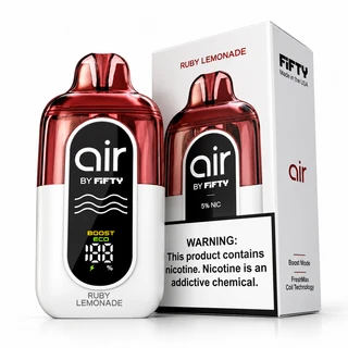 Air by Fifty Ruby Lemonade disposable vape with matching retail box, FreshMax coil technology and nicotine warning