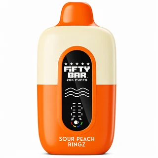 Hidden Hills Club x Fifty Bar Sour Peach Ringz 20K disposable vape in cream and orange with digital display