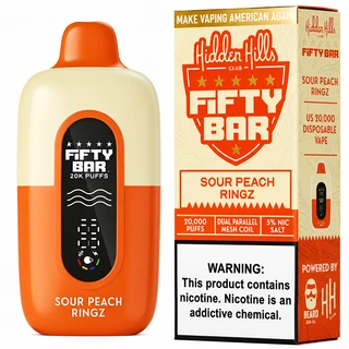 Hidden Hills Club x Fifty Bar Sour Peach Ringz 20K disposable vape with matching retail box, dual parallel mesh coil and 5% nicotine labeling