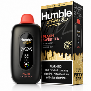 Peach Sweet Tea Fifty Bar X Humble shown with its retail box, 20,000 puffs, 5% nicotine