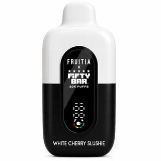 Fruitia x Fifty Bar White Cherry Slushie 20K disposable vape in white and black with digital display