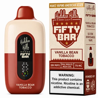 Hidden Hills Club x Fifty Bar Vanilla Bean Tobacco 20K disposable vape with matching retail box and nicotine warning