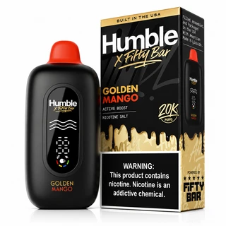 Golden Mango Fifty Bar X Humble shown with its retail box, 20,000 puffs, 5% nicotine