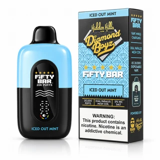 Iced Out Mint Hidden Hills Diamond Boyz x Fifty Bar 20K disposable vape shown with slim retail packaging, blue diamond-pattern design, dual parallel mesh coil, and 5% nicotine salt