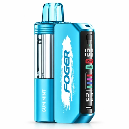 FOGER Switch Pro 30K Gum Mint disposable vape kit, 30000 puff FOGER vape with rechargeable battery, digital display, BOOST and NORM modes, clear tank and adjustable airflow