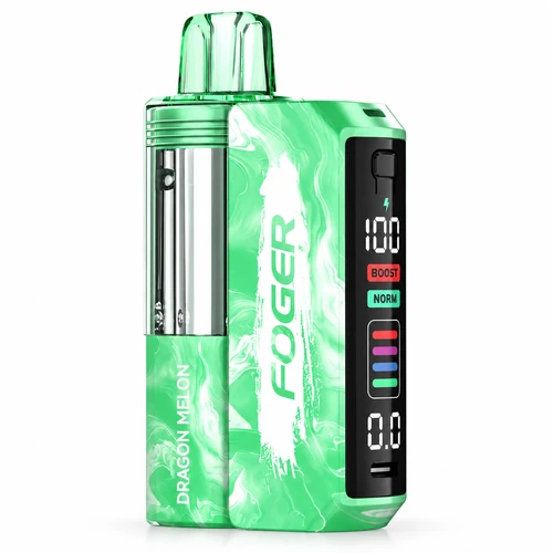 FOGER Switch Pro 30K Dragon Melon disposable vape kit, 30000 puff FOGER vape with rechargeable battery, digital display, BOOST and NORM modes, clear tank and adjustable airflow