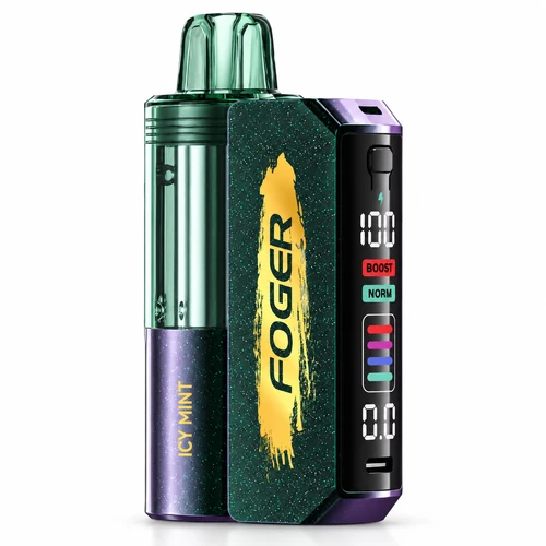 FOGER Switch Pro 30K Icy Mint disposable vape kit, 30000 puff FOGER vape with rechargeable battery, digital display, BOOST and NORM modes, clear tank and adjustable airflow