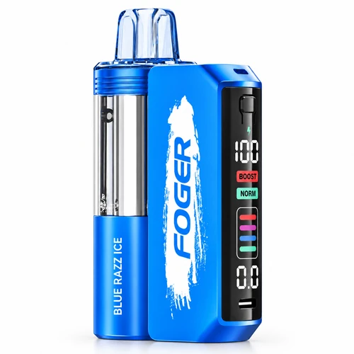 FOGER Switch Pro 30K Blue Razz Ice disposable vape kit, 30000 puff FOGER vape with rechargeable battery, digital display, BOOST and NORM modes, clear tank and adjustable airflow