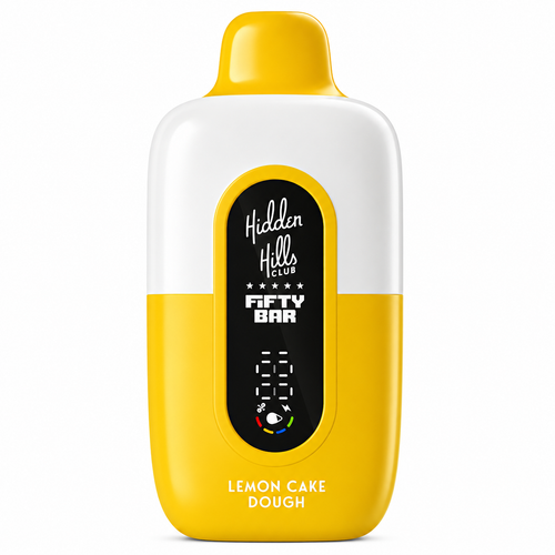 Lemon Cake Dough Hidden Hills x Fifty Bar 20K disposable vape with a bright yellow lower body and mouthpiece, white upper shell, front power screen, and smooth rounded profile