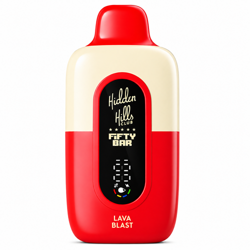 Lava Blast Hidden Hills x Fifty Bar 20K disposable vape with a glossy red lower body and mouthpiece, cream upper shell, front digital power screen, and rounded compact design