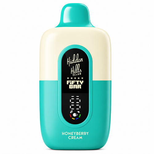 Honeyberry Cream Hidden Hills x Fifty Bar 20K disposable vape with a turquoise lower body and mouthpiece, cream upper shell, front digital power screen, and rounded compact design