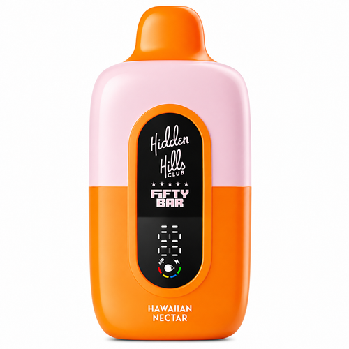 Hawaiian Nectar Hidden Hills x Fifty Bar 20K disposable vape with orange lower body and mouthpiece, pale pink upper shell, front digital power screen, and compact rounded design