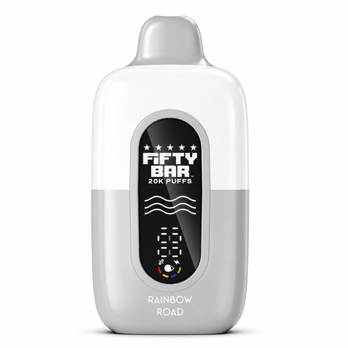 Strawberry Lemon Grape Fifty Bar 20K disposable vape, formerly known as Rainbow Road, featuring a clean white and silver body with front digital power indicator and rounded compact design