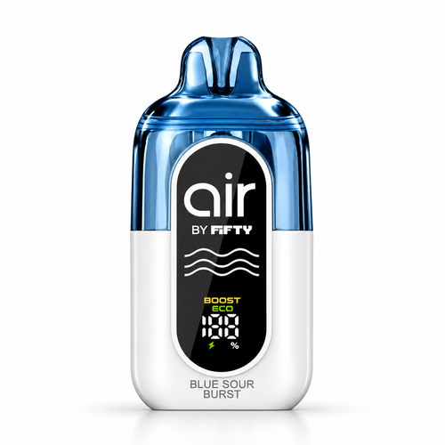 Air by Fifty Bar Blue Sour Burst disposable vape in a glossy blue and white finish with digital power display and selectable Boost and Eco settings