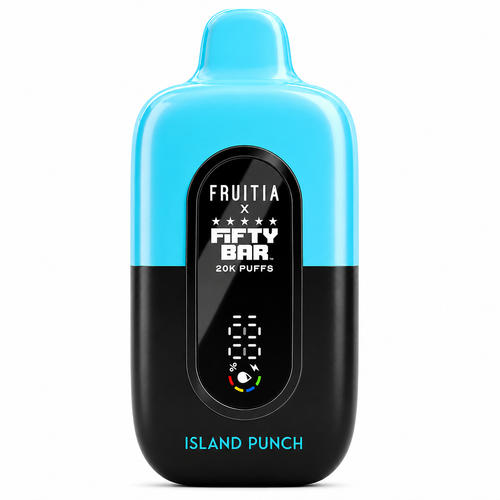 Island Punch Fruitia x Fifty Bar 20K disposable vape with a vivid blue upper shell, black lower body, front power indicator, and smooth rounded profile