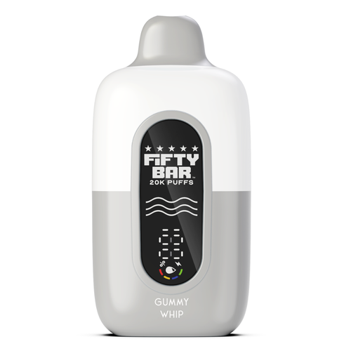Fifty Bar 20K disposable vape in a white and silver colorway, formerly called Gummy Whip, with a rounded mouthpiece, front power indicator, and compact rechargeable design