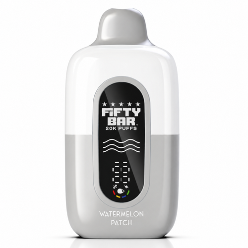 Fifty Bar Frozen Watermelon 20K disposable vape, formerly known as Watermelon Patch, featuring a white and silver body, front digital display, and mesh coil technology