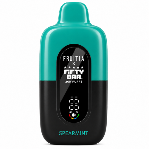 Fruitia x Fifty Bar Spearmint 20K disposable vape device in teal and black with front digital display and Active Boost technology