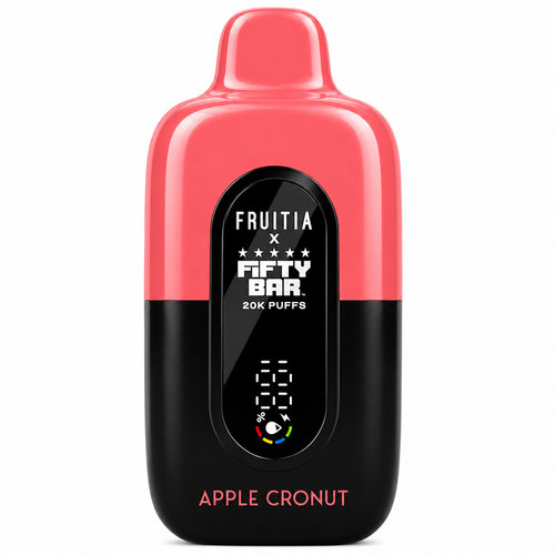 Fruitia x Fifty Bar Apple Cronut 20K disposable vape in coral red and black with digital display