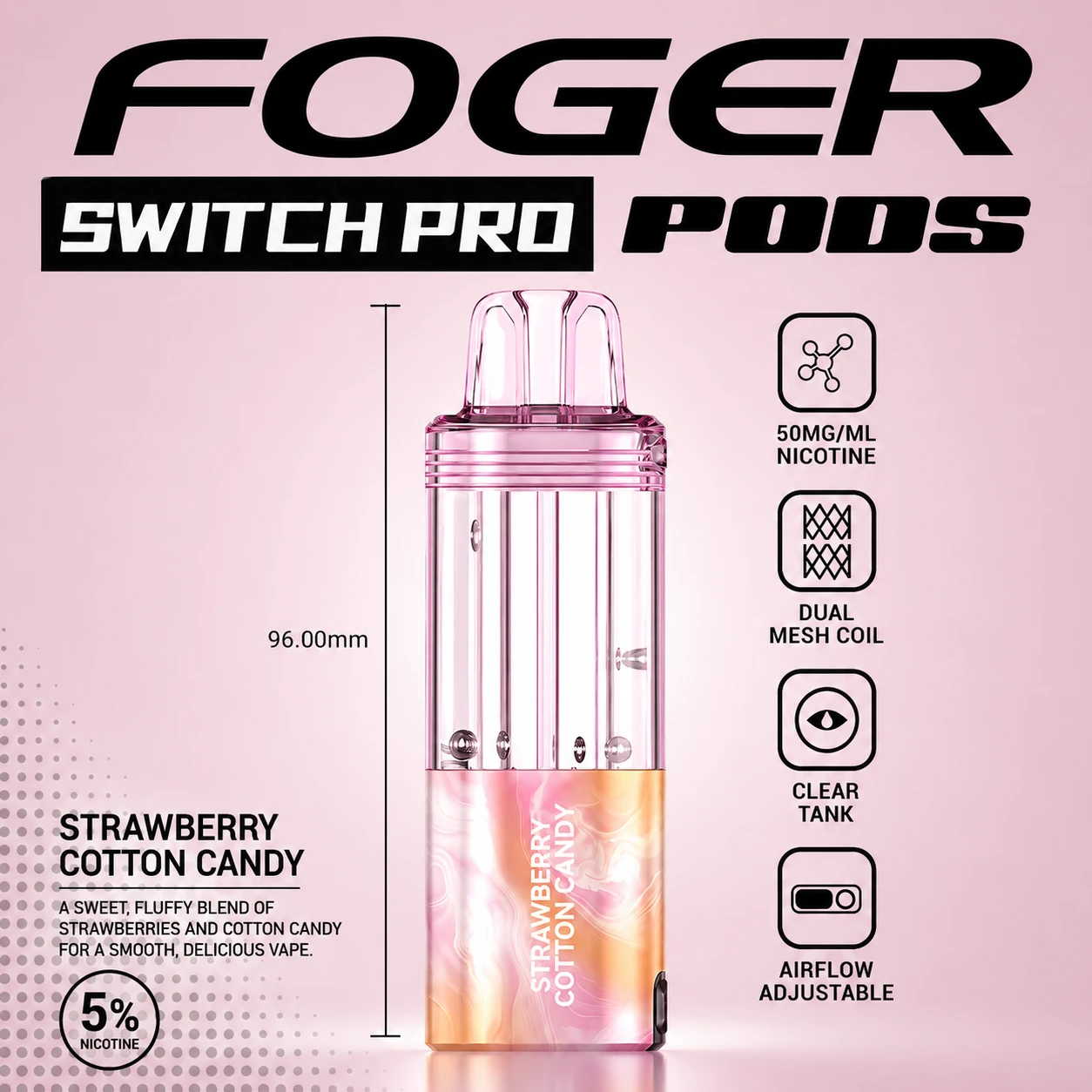 Foger Switch Pro Pod 30K Puffs Strawberry Cotton Candy pod only product image featuring the glossy pink candy-inspired finish, transparent clear tank and Strawberry Cotton Candy branding on a clean white studio background