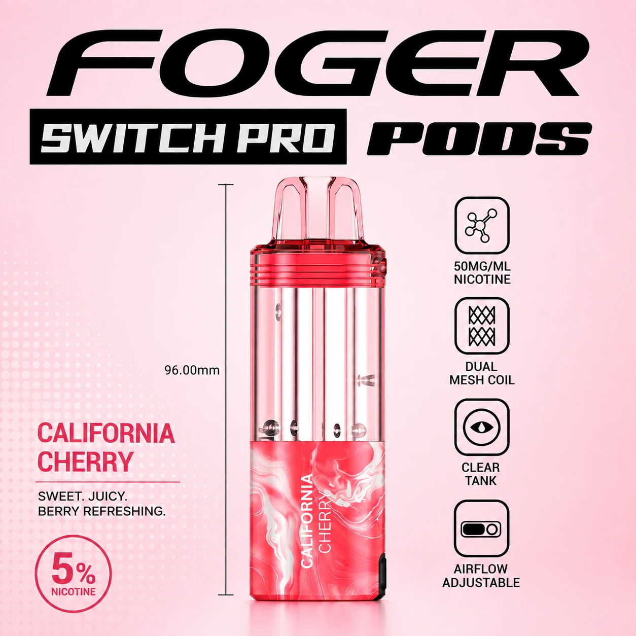 Foger Switch Pro California Cherry 30K puff pod with transparent clear tank and red cherry-themed lower body on white studio background