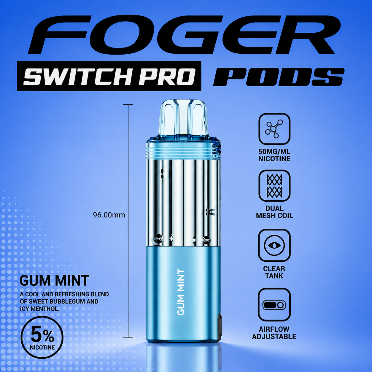 Foger Switch Pro Gum Mint 30K puff pod with transparent clear tank and metallic blue lower body on clean white studio background