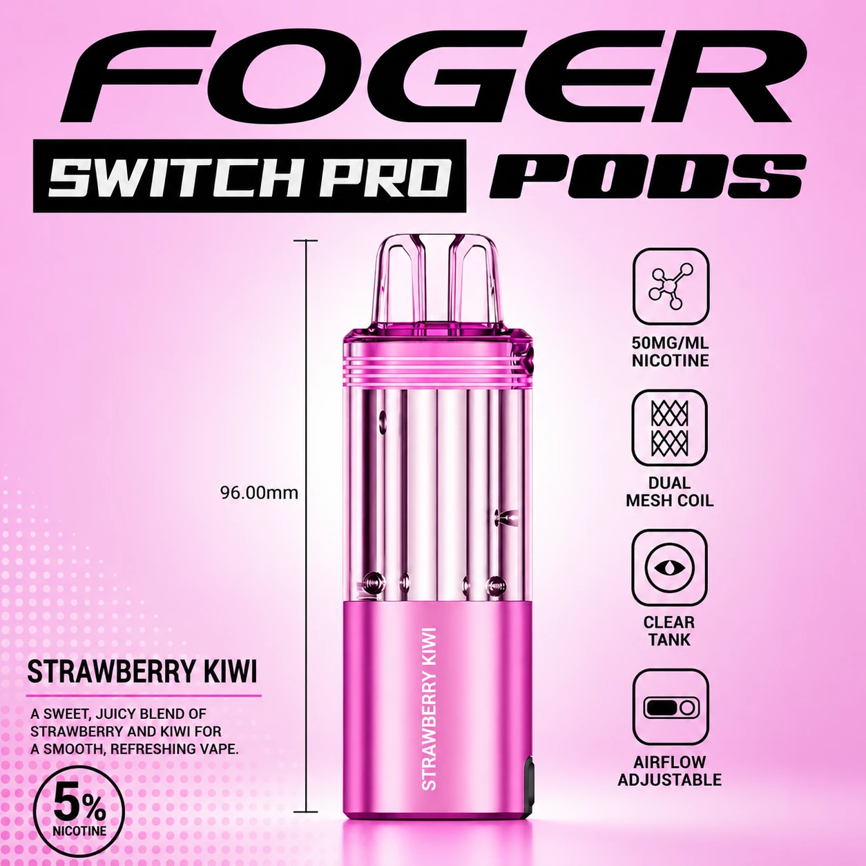 Foger Switch Pro Pod 30K Puffs Strawberry Kiwi pod only product image featuring the glossy fruit-inspired finish, transparent clear tank and Strawberry Kiwi flavor branding on a pure white studio background