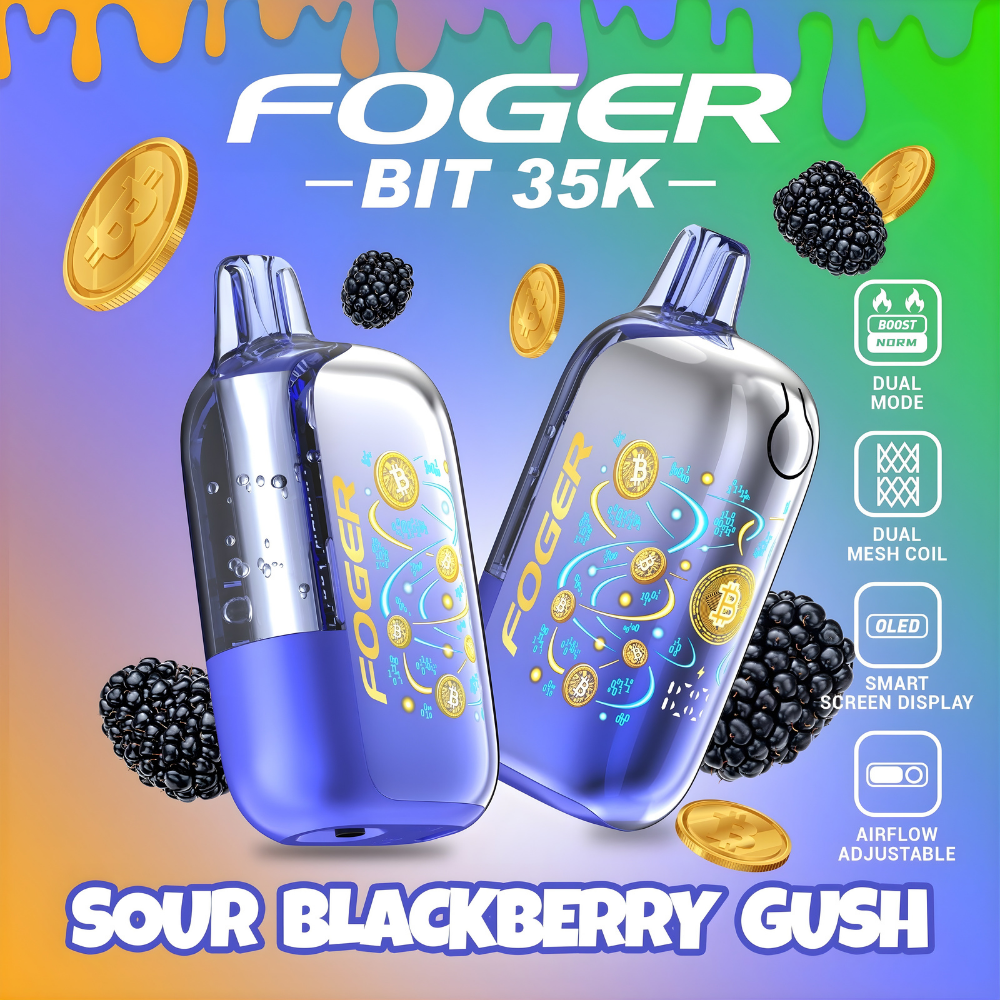Sour Blackberry Gush Foger Bit 35K disposable vape, 35000 puffs, 5% nicotine shown with retail box