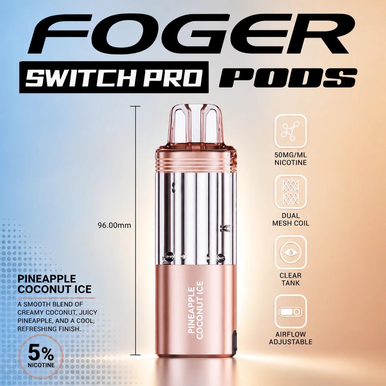 Foger Switch Pro Pod 30K Puffs Peach Slush pod only product image featuring the glossy peach finish, transparent clear tank and Peach Slush flavor branding on a clean white studio background