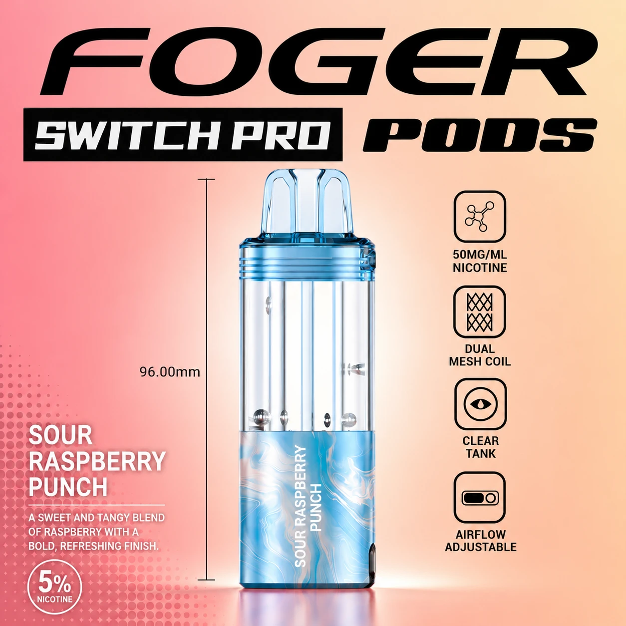 Foger Switch Pro Pod 30K Puffs Sour Raspberry Punch pod only product image featuring the glossy raspberry finish, transparent clear tank and Sour Raspberry Punch flavor branding on a pure white studio background