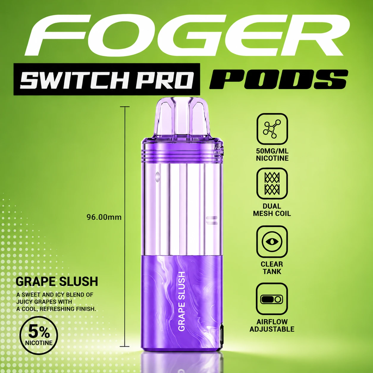 Foger Switch Pro Grape Slush 30K puff pod with transparent clear tank and glossy purple marbled lower body on clean white studio background