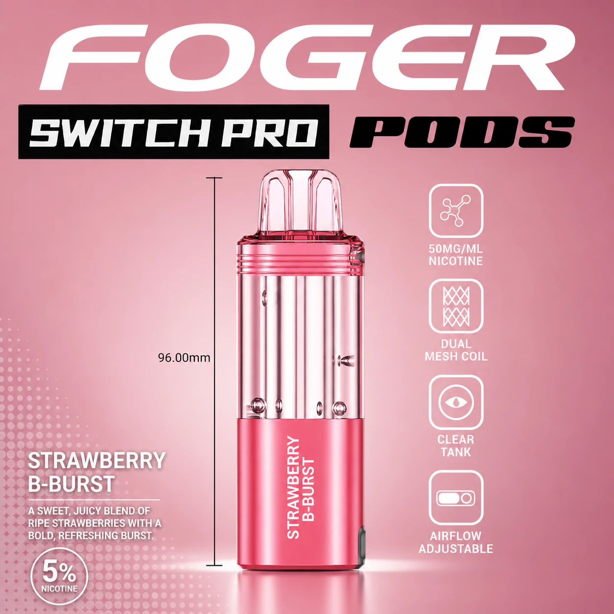 Foger Switch Pro Pod 30K Puffs Strawberry B-POP pod only product image featuring the glossy strawberry finish, transparent clear tank and Strawberry B-POP flavor branding on a clean white studio background